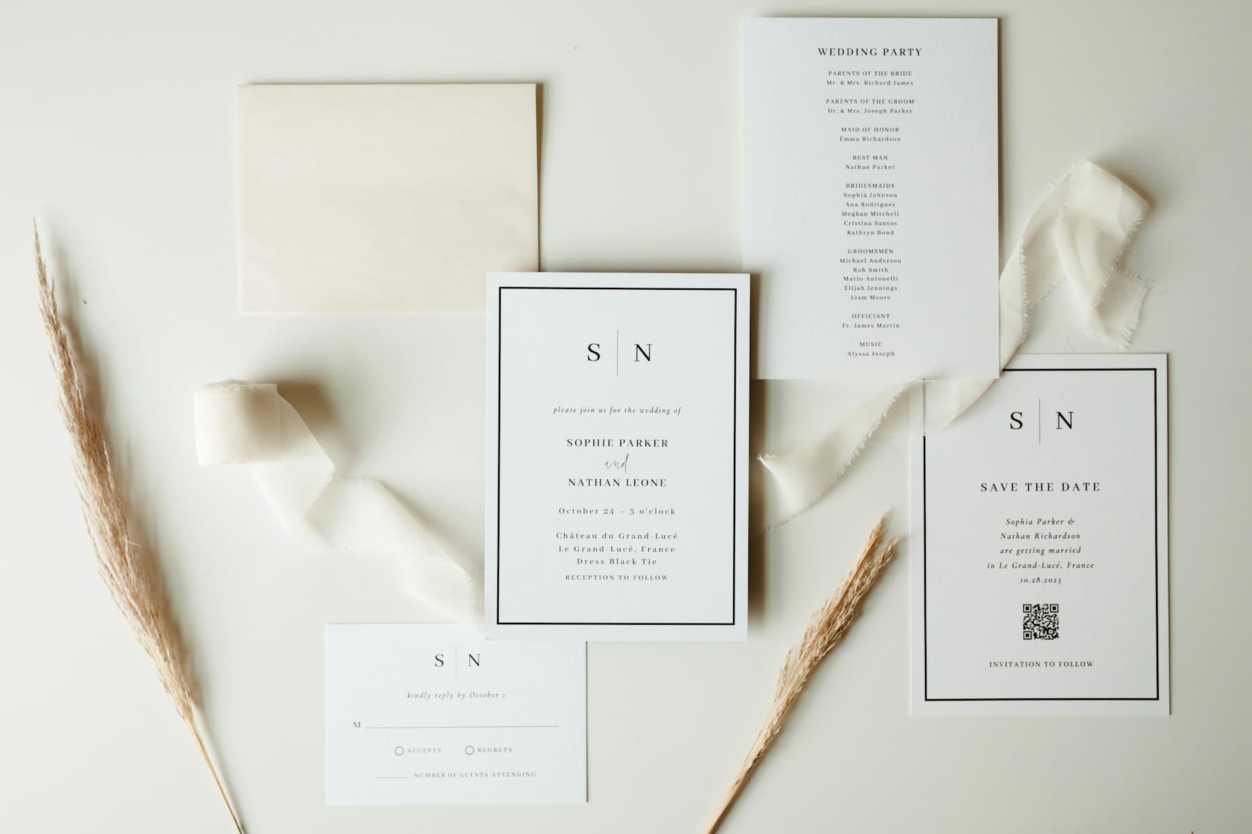 Wedding stationery with ribbon, softly lit