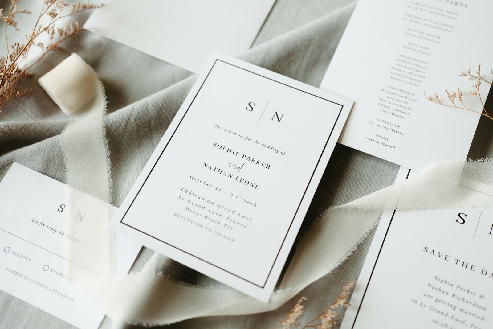 Wedding stationery and planning materials arranged on fabric