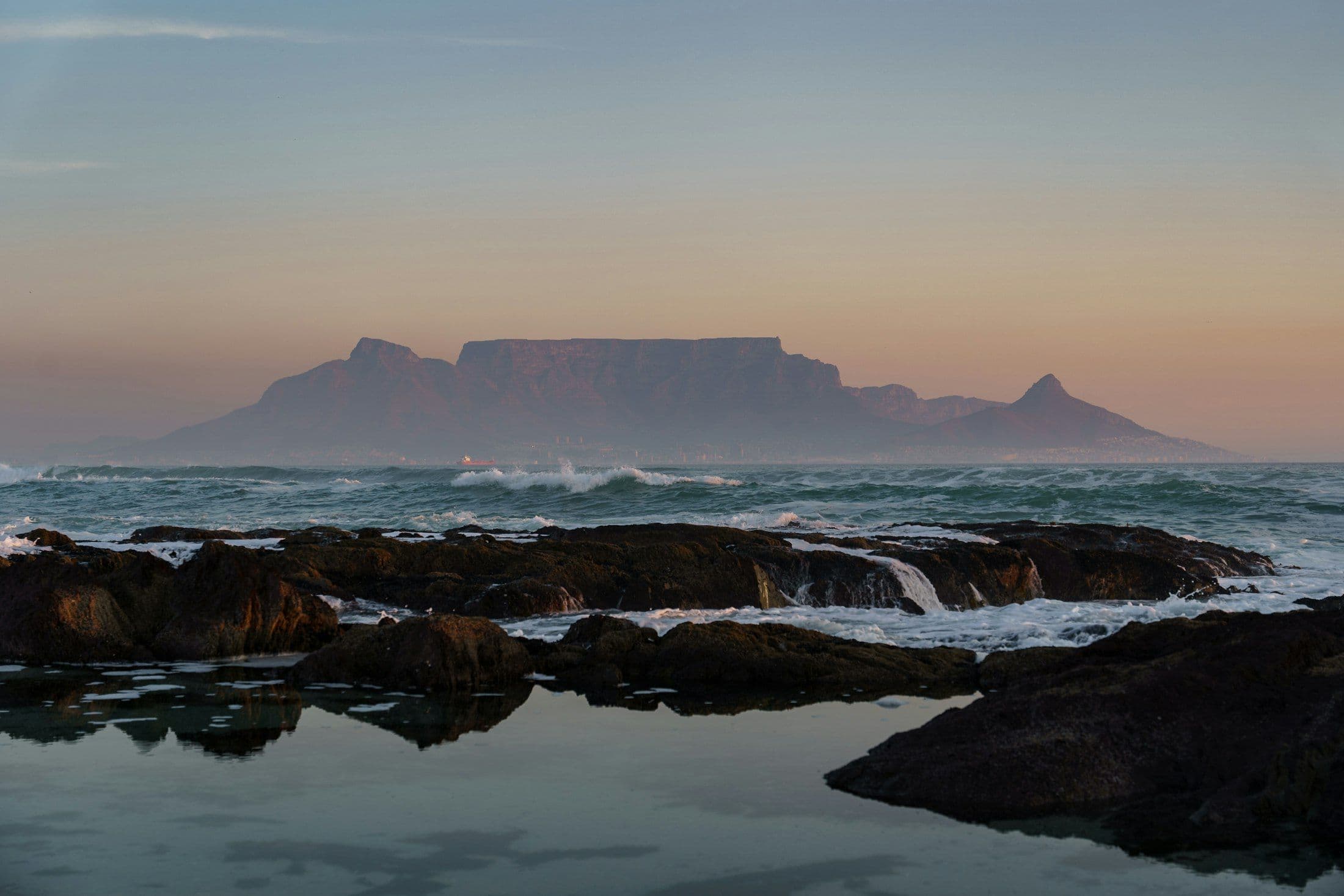 The mountain across the bay at dusk